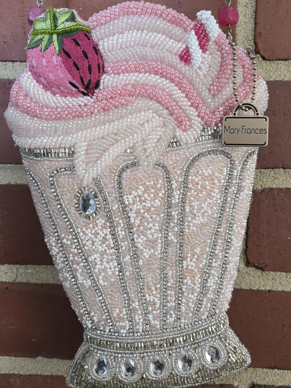Mary Frances Shake It Up Beaded Crossbody Strawberry Milkshake Novelty Bag Pink